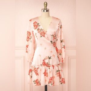 🌹Sugarlips Long Sleeve Blush Satin Floral Mini‎ Dress Cottagecore Size Medium